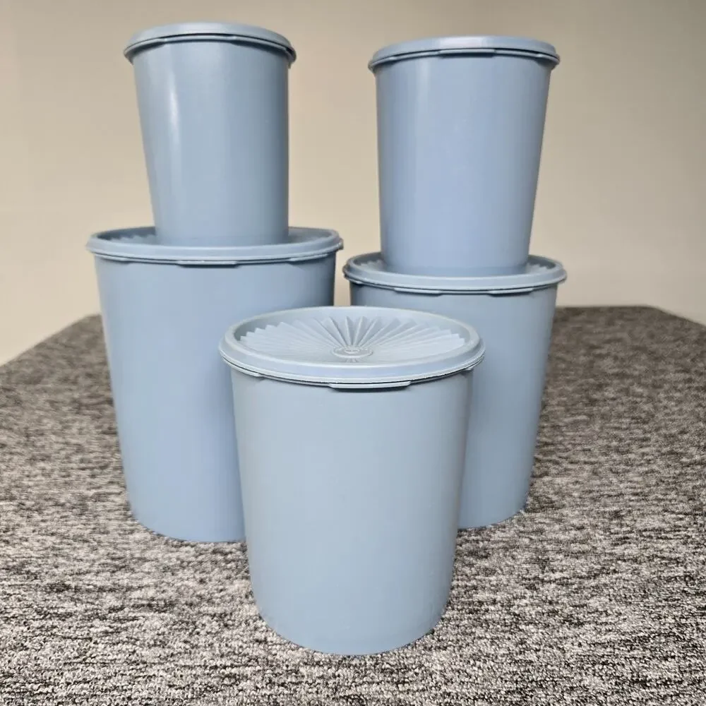 VTG Tupperware Servalier Nesting Canister Set of 5 Country Blue 5 Lids 1 Cracked
